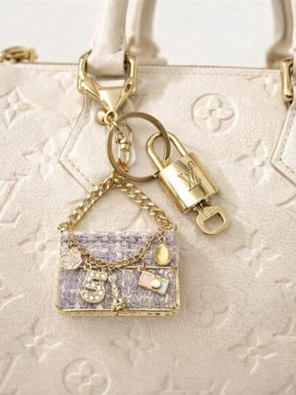Authentic Louis Vuitton Gold Padlock 🔒 Key Set w/ Unbranded Tweed Bag Charm